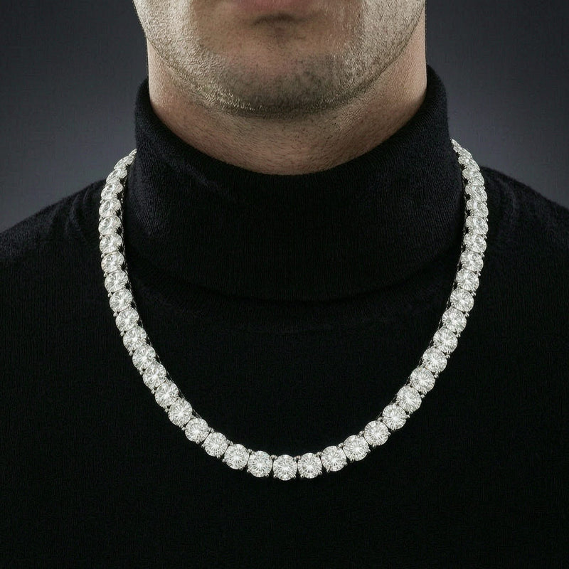 Man wearing a 5mm iced out moissanite tennis chain necklace