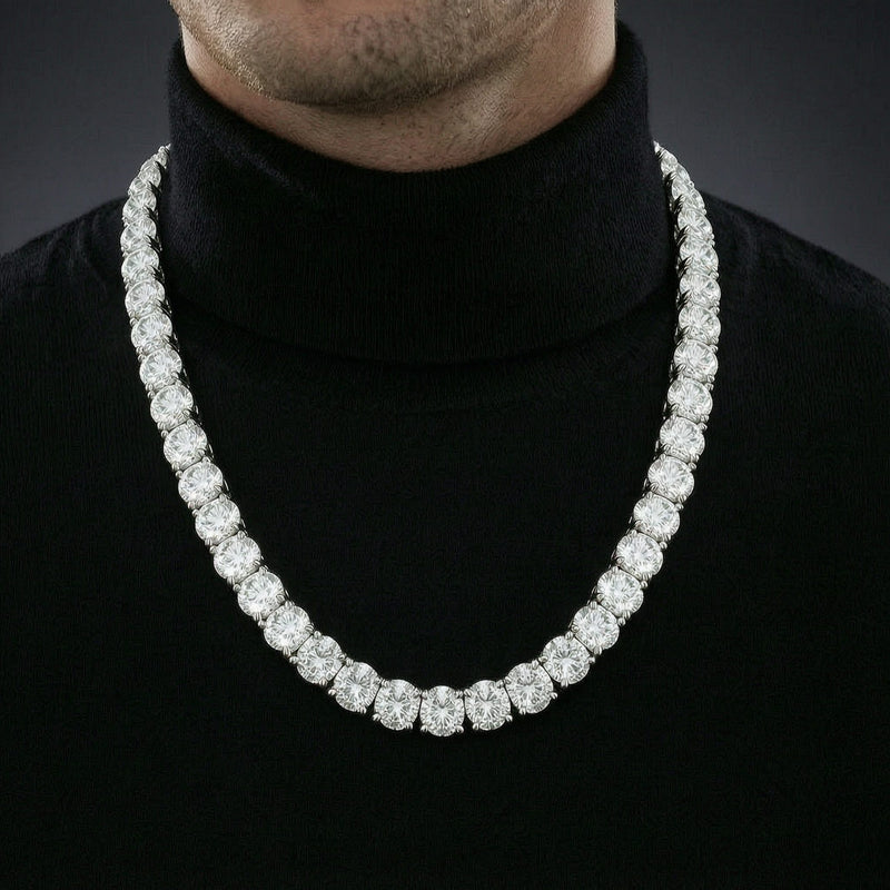 Man wearing a 6.5mm iced out moissanite tennis chain necklace