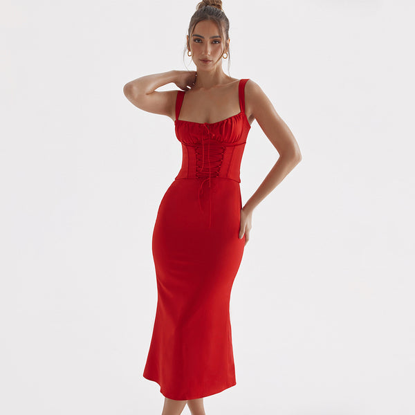 Red Satin Corset Maxi Dress