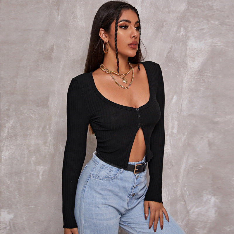 Long-sleeved Drop Top and Sexy Button-Knit T-shirt
