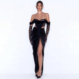 One-Shoulder Lace Long-Sleeved Gold Velvet Dress