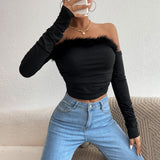 Women's Long-Sleeved One-Shoulder Short Tops Elegant and Sexy