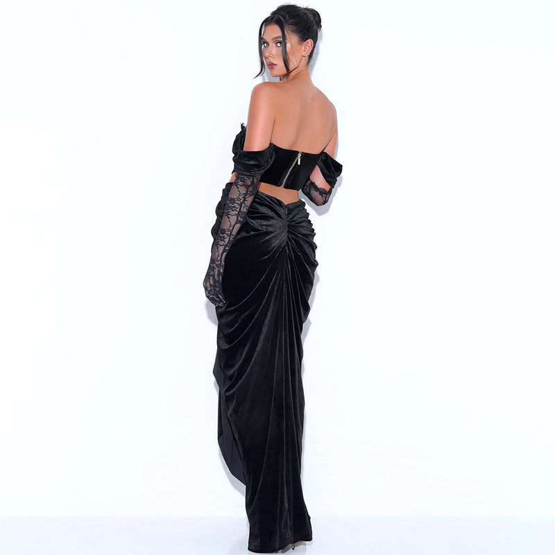 One-Shoulder Lace Long-Sleeved Gold Velvet Dress