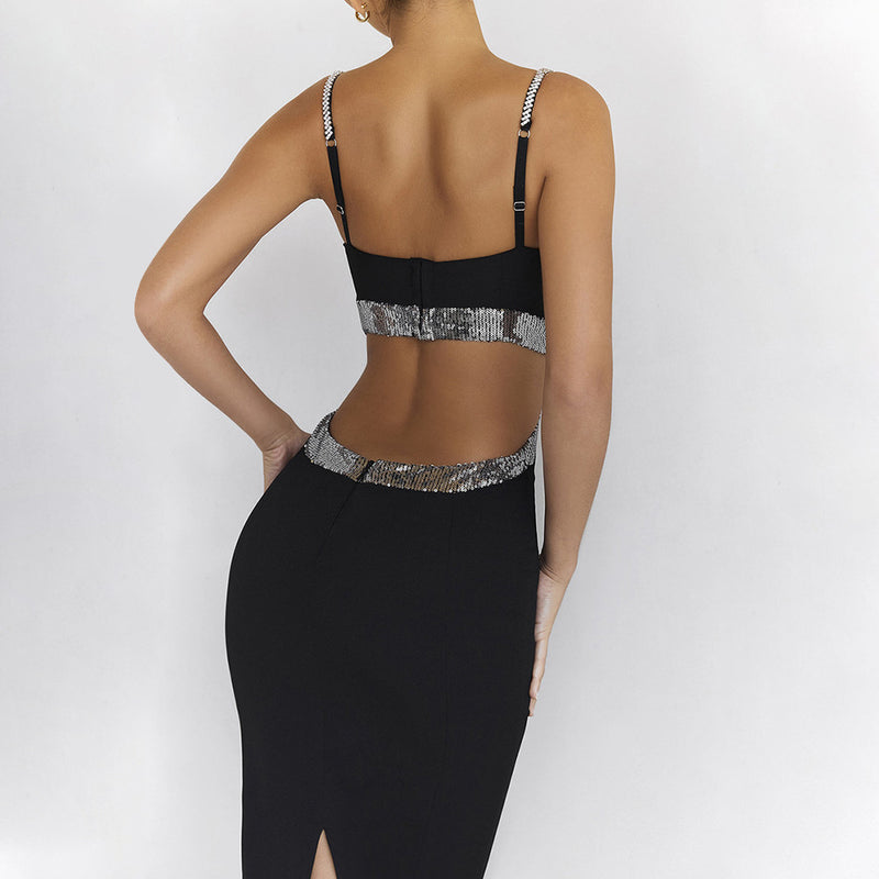 Drill-Chain Cutout, Open-Back Midi Dress