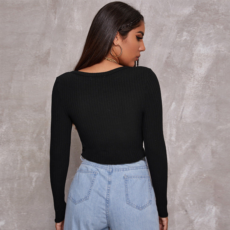 Long-sleeved Drop Top and Sexy Button-Knit T-shirt