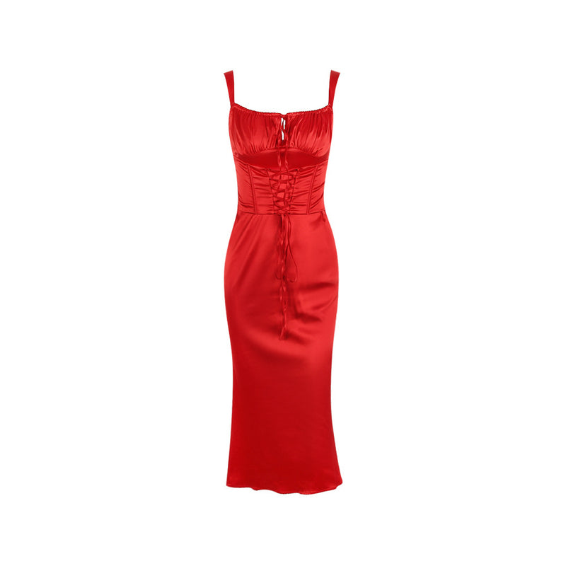 Red Satin Corset Maxi Dress