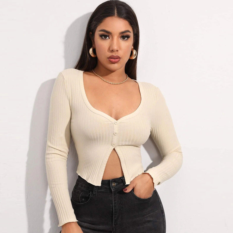 Long-sleeved Drop Top and Sexy Button-Knit T-shirt