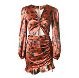 Womens 2023 Spring Summer Deep V Neck Ruffle Long Sleeve Floral Print Mini Dress