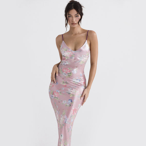 Pink Print Slim Long Dress
