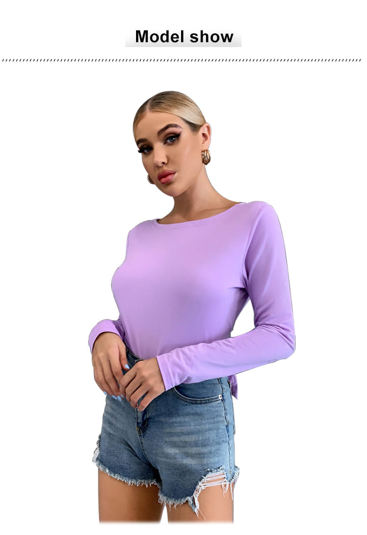 Women Backless Workout Shirt Long Sleeve Crewneck Crop Top Spring Autumn T  Shirt Slim Fit Open Back Bodycon Skinny Tee Tops 