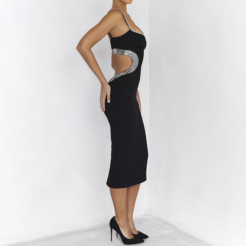 Drill-Chain Cutout, Open-Back Midi Dress