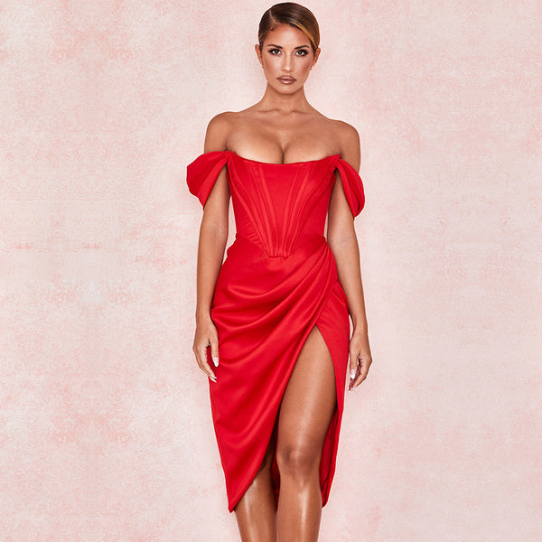 Slim Split Dress Red Satin Off Shoulder Dress