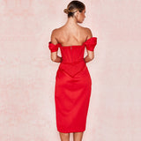 Slim Split Dress Red Satin Off Shoulder Dress