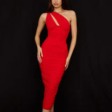 Mesh Slant Shoulder Hollow Out Fishbone Steel Ring Pleated Backless Maxi Dress