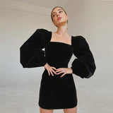 Square collar black puff sleeve long sleeve pleuche dress hip skirt