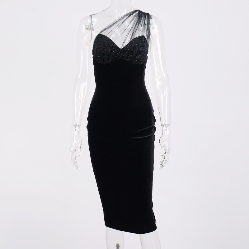 One-Shoulder See-Through Bright Silk Stitching Midi Dress