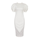 Round neck short sleeve temperament commute tight high waist puff sleeve dress women's hip-wrapped skirt