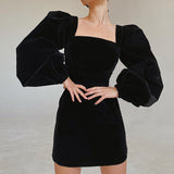 Square collar black puff sleeve long sleeve pleuche dress hip skirt