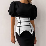 Round neck short sleeve temperament commute tight high waist puff sleeve dress women's hip-wrapped skirt