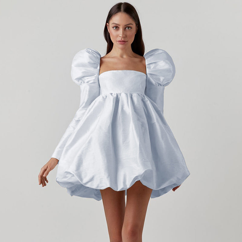 French Style Puff Sleeve Satin Princess Dress