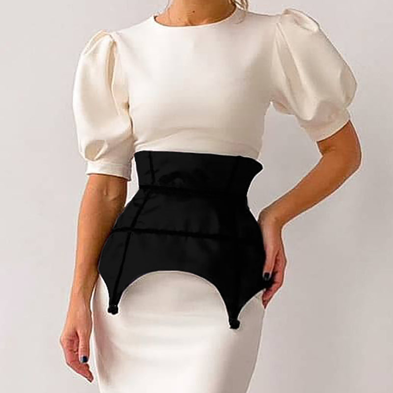 Round neck short sleeve temperament commute tight high waist puff sleeve dress women's hip-wrapped skirt