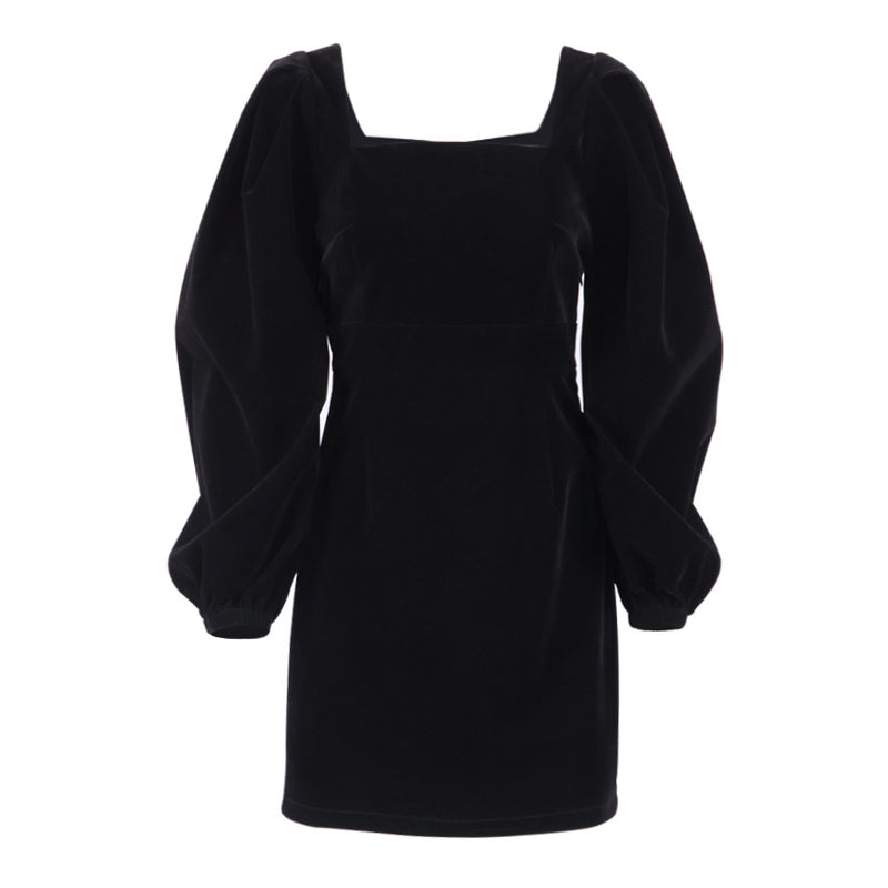 Square collar black puff sleeve long sleeve pleuche dress hip skirt
