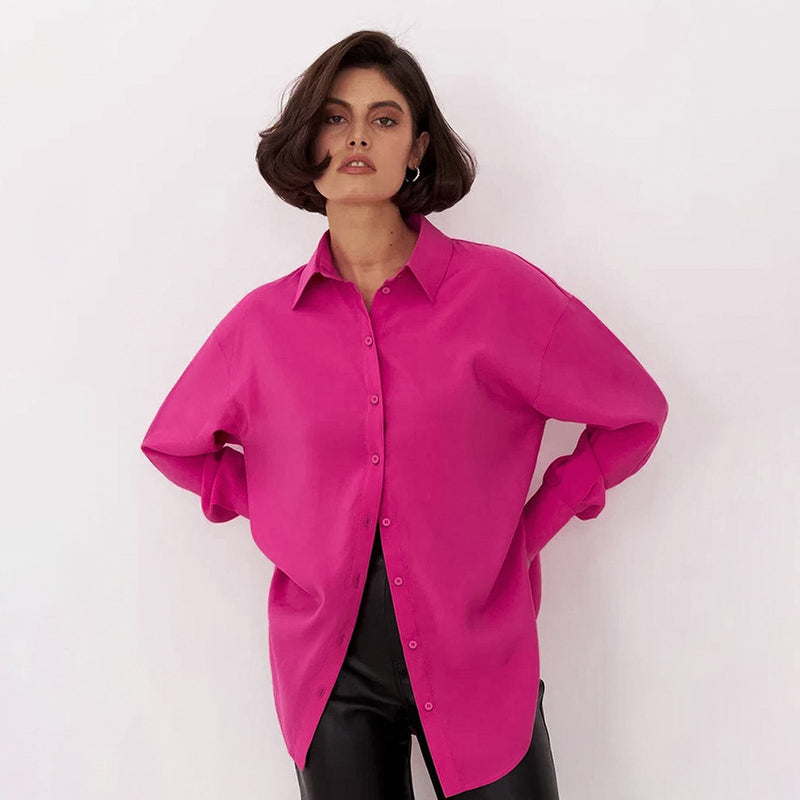French commuter base top loose rose red lapel long sleeve shirt female temperament shirt