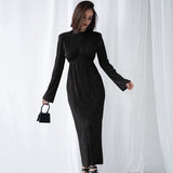 Round Neck Hollow Sexy Elegant Dress Backless Slim Fit Long Sleeve Pleated Dress for Women