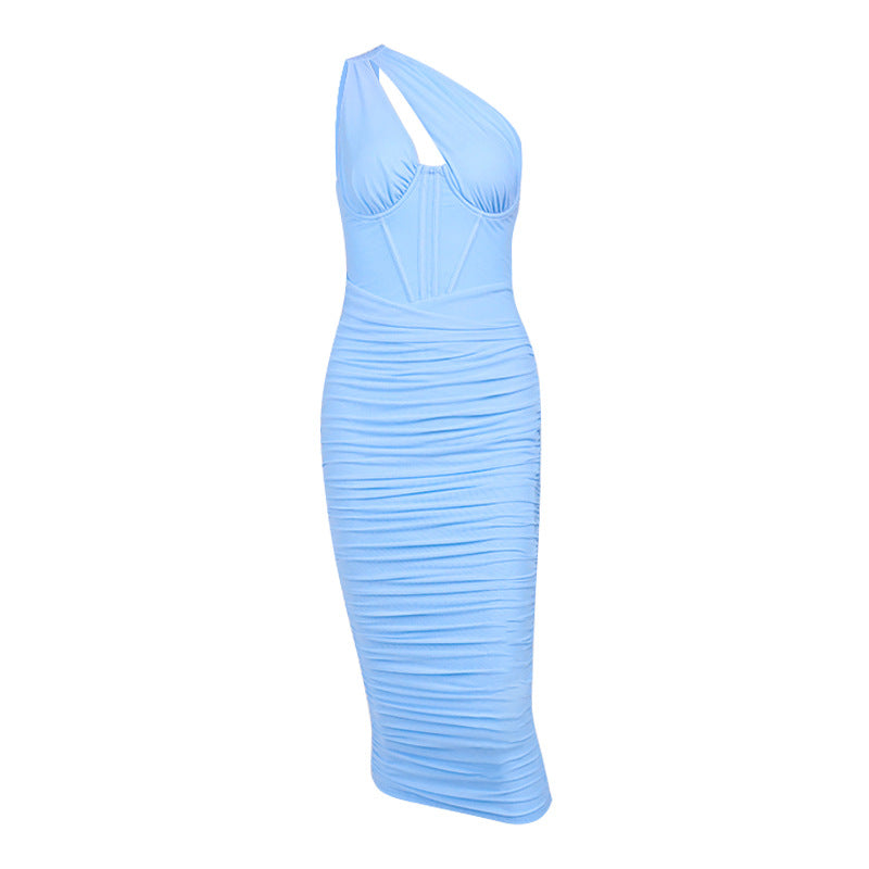 Mesh Slant Shoulder Hollow Out Fishbone Steel Ring Pleated Backless Maxi Dress