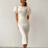Round neck short sleeve temperament commute tight high waist puff sleeve dress women's hip-wrapped skirt