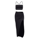 Pleated Crop-Top Spaghetti-Strap High Slit Long Skirt Two-Piece Set
