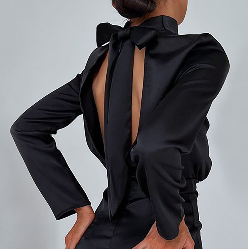 French Satin Waist Dress Backless Bow Turtleneck A- Line Skirt Foreign Trade Women