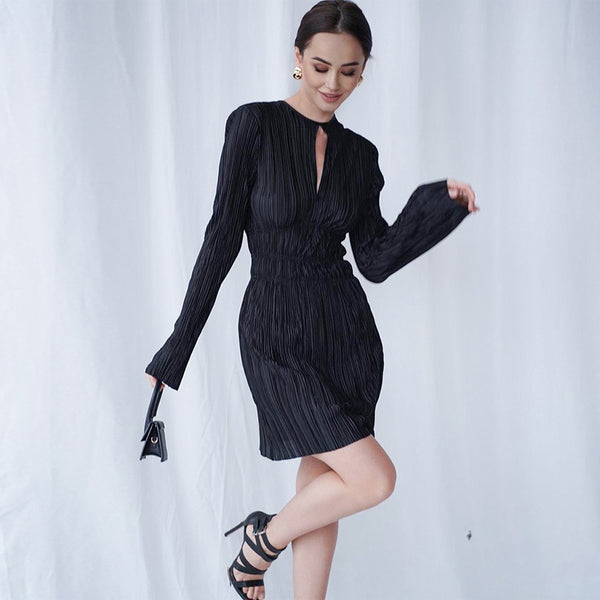 French style long sleeve dress pleated A- line skirt hollow out black dress women