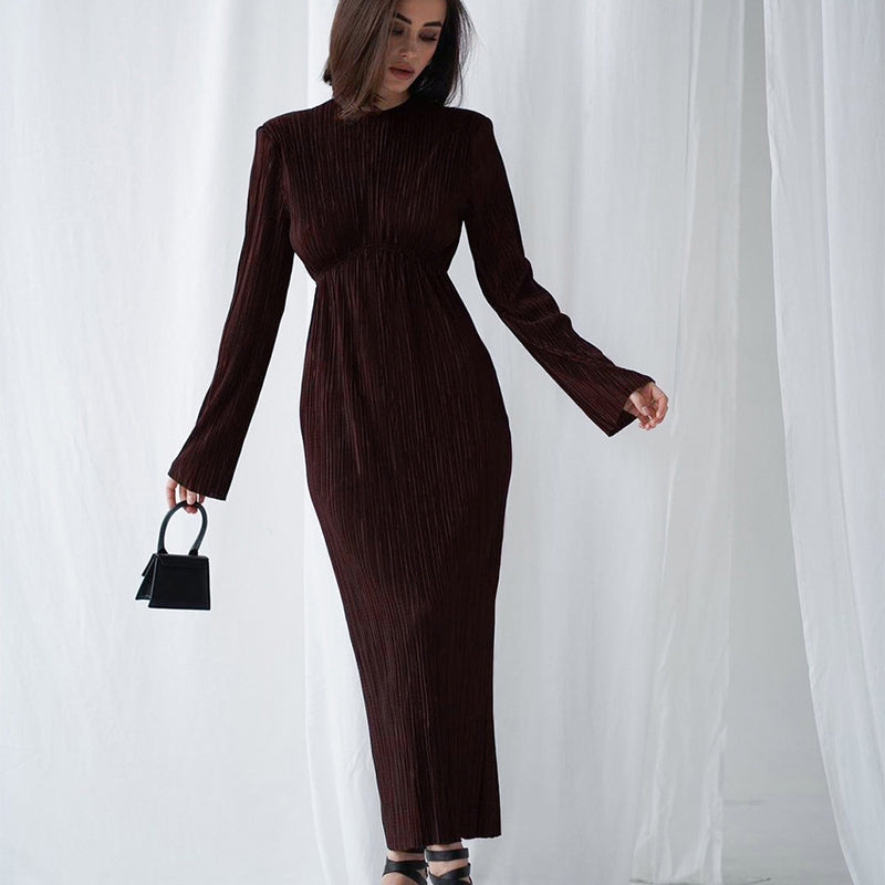 Round Neck Hollow Sexy Elegant Dress Backless Slim Fit Long Sleeve Pleated Dress for Women